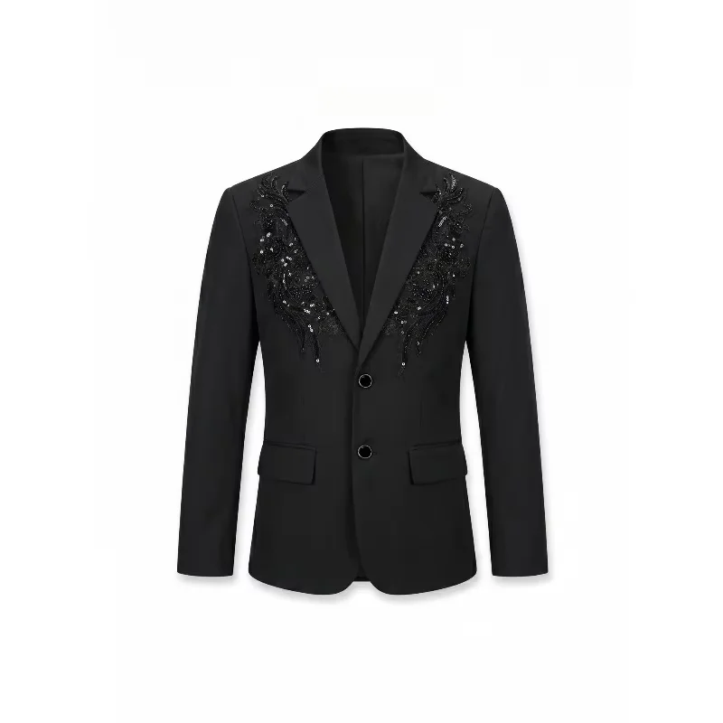Customized Men's 2 Piece Tuxedo Slim Fit One Button High Quality Beaded Crystals Luxury Suits for Business Wedding Groom