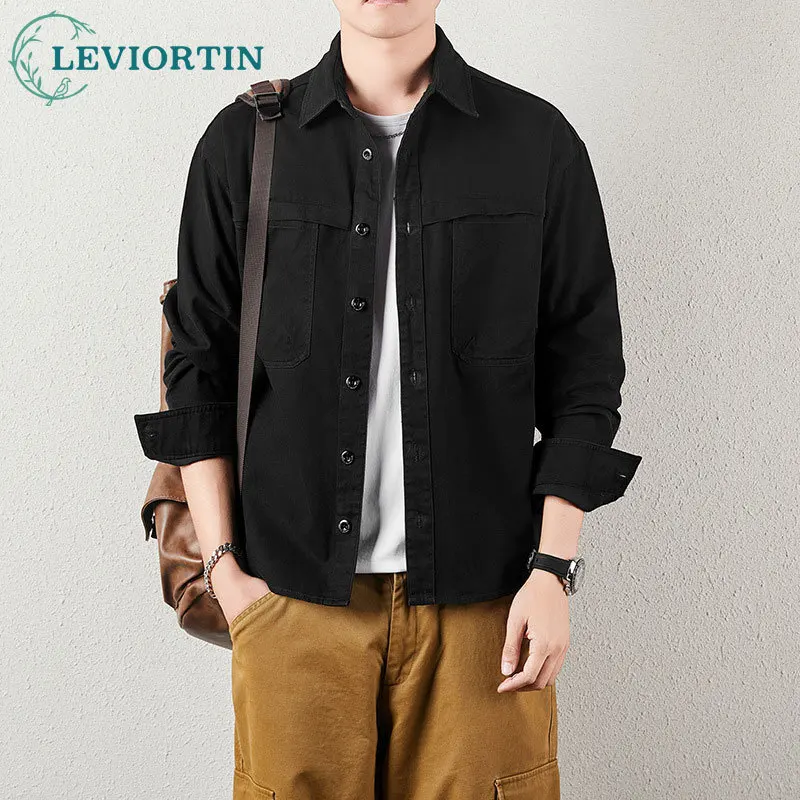 

2025 Spring/Autumn New Men's Japanese Retro workwear Shirt Casual Versatile Trendy Loose Cotton Collar Long Sleeve Shirt