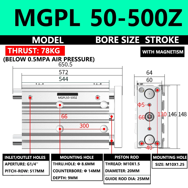ABILKEEN MGPL50-500Z MGPL Three Axis Pneumatic Compact Guide Cylinder 50MM Bore X 500MM Stroke Three Axis Three Rod Air Cylinder