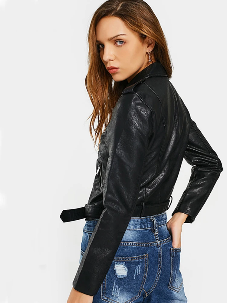 FTLZZ Spring Autumn Women Faux Leather Jacket Soft PU Zip Up Motorcycle Short PU Moto Biker Outwear Fitted Slim Coat with Belt