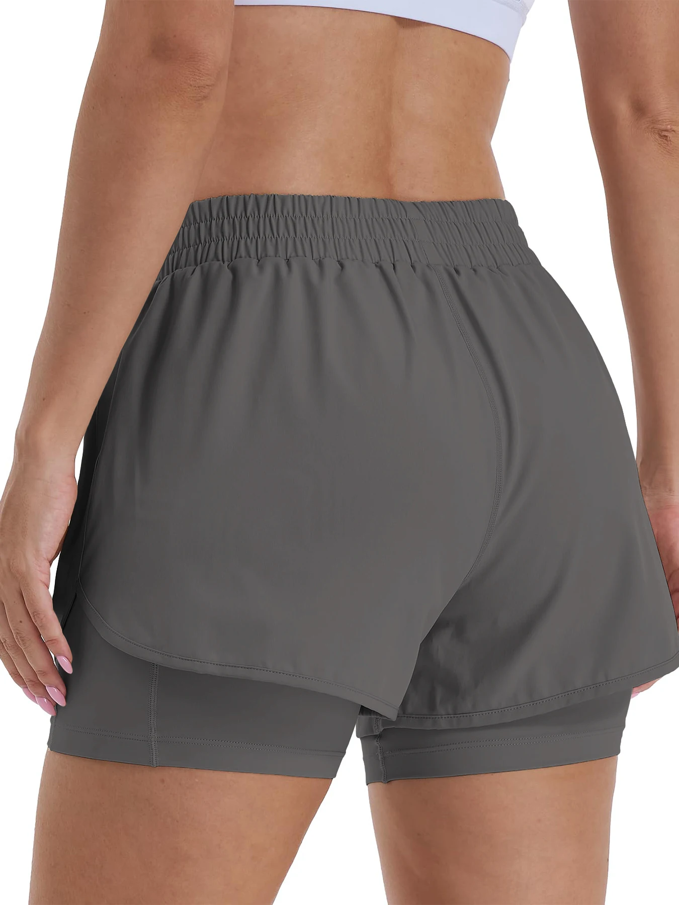 2-in-1 Freizeit-Sportshorts für Damen, Laufshorts, Sportshorts mit hoher Taille und gefütterten Reißverschlusstaschen – Detail 11