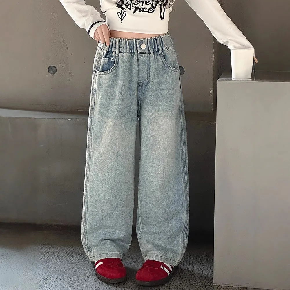 

Korean Autumn Teenager Girls Jean Children Girls Retro Simple Solid Color Straight Leg Pant Kids Girls Elastic Waist Trousers