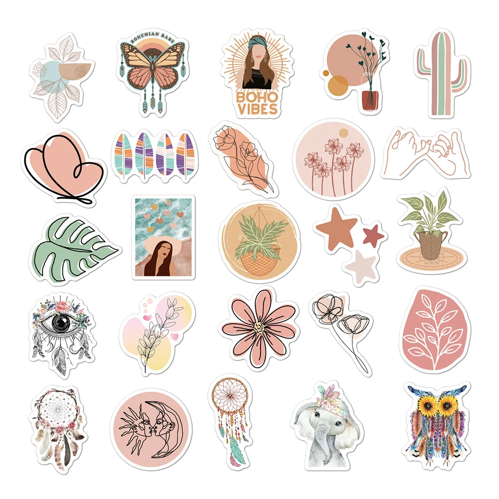 10/30/50pcs Cute Bohemian Art Style Graffiti Stickers Boho Aesthetic Sticker Decoration Phone Case Water Bottle Notebook Decals