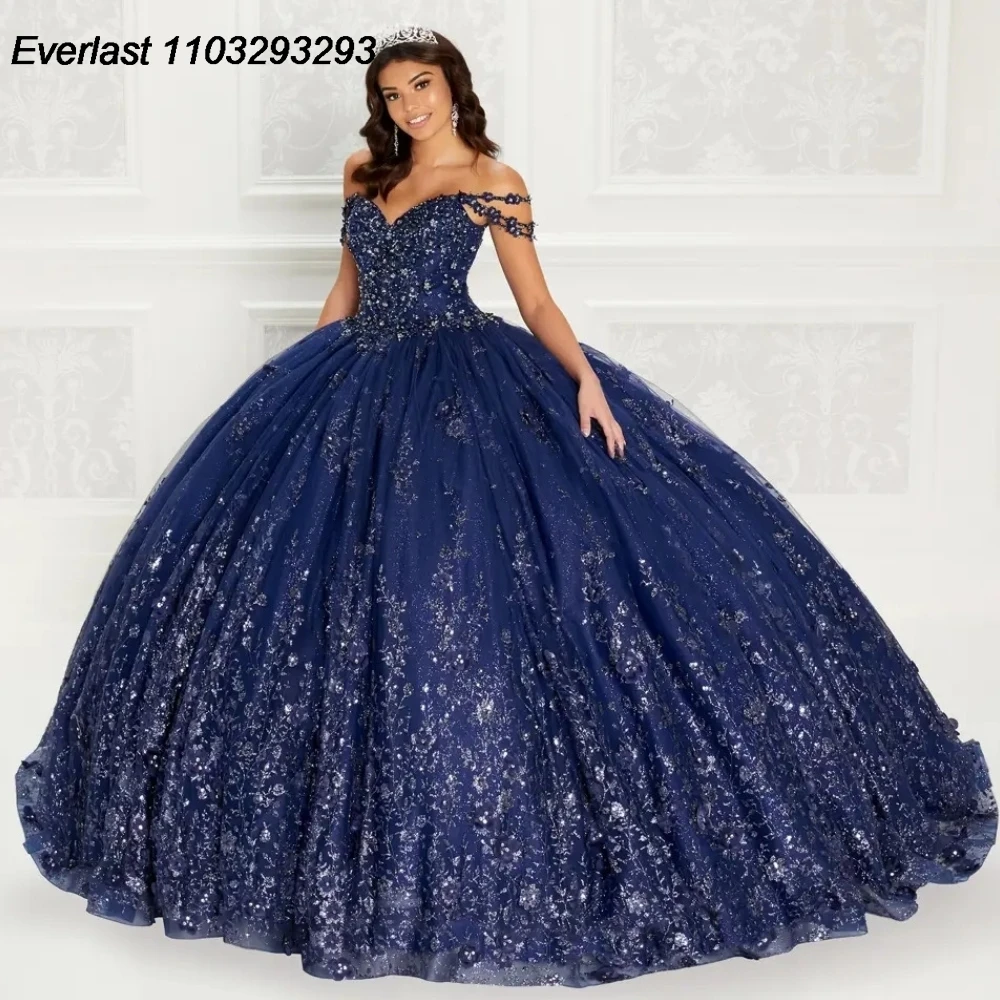 Evlast Glanzend Blauw Quinceanera Jurk Baljurk Appliqué Kralen Kristal Off Shoulder Mexican Sweet 16 Vestido 15 De Años Tqd215