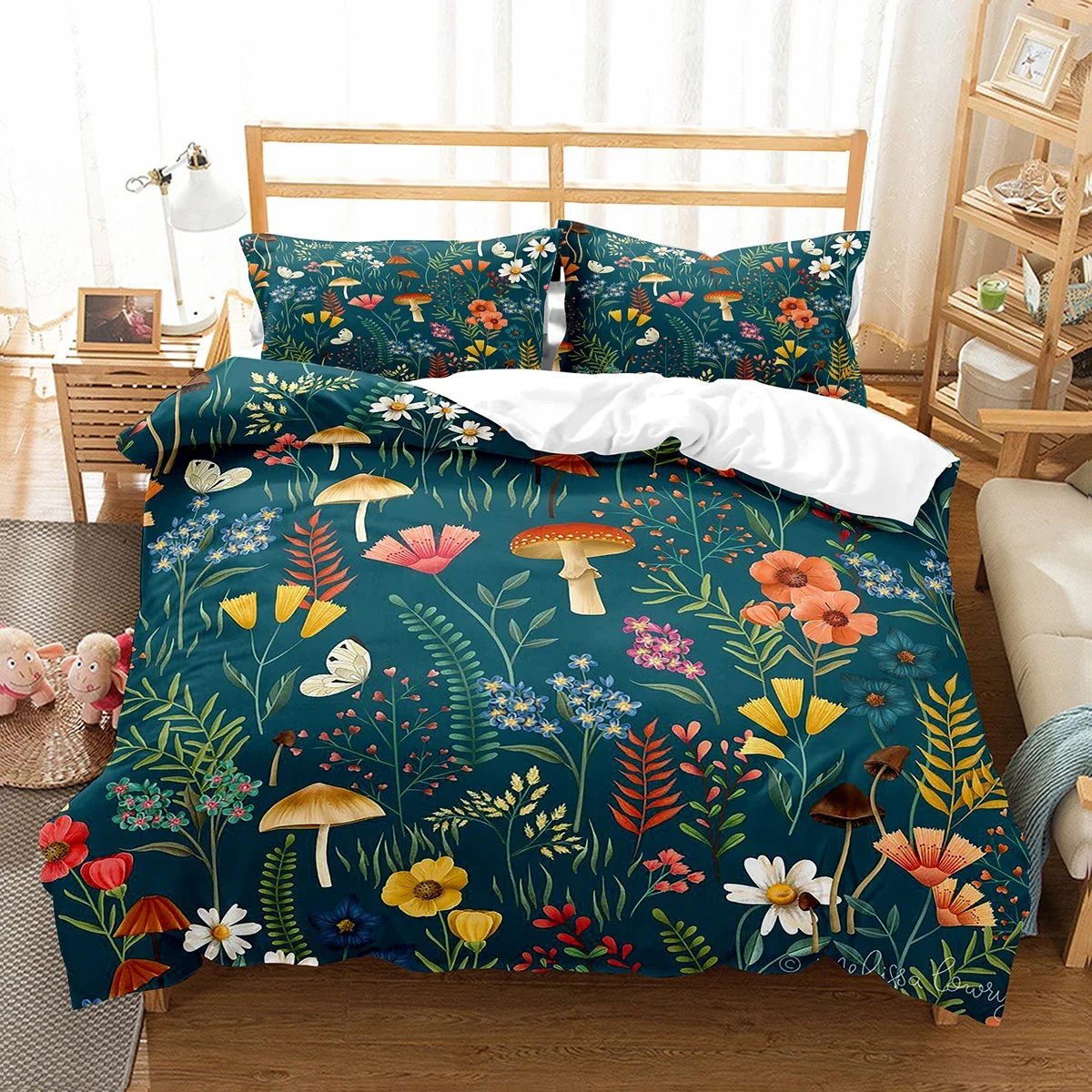 Mushroom Duvet Cover Set Microfiber Wild Plants Flowers Bedding Set Nature Botanical Animal Comforter Cover Single Queen Size