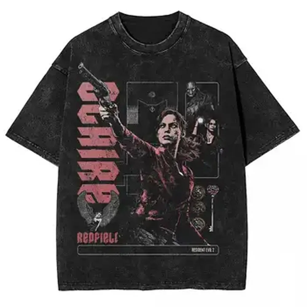 Resident Evil 2 Claire Redfield Biohazard Leon Kennedy Oversized T shirt 100% Cotton Vintage Washed T-shirt for men women J168