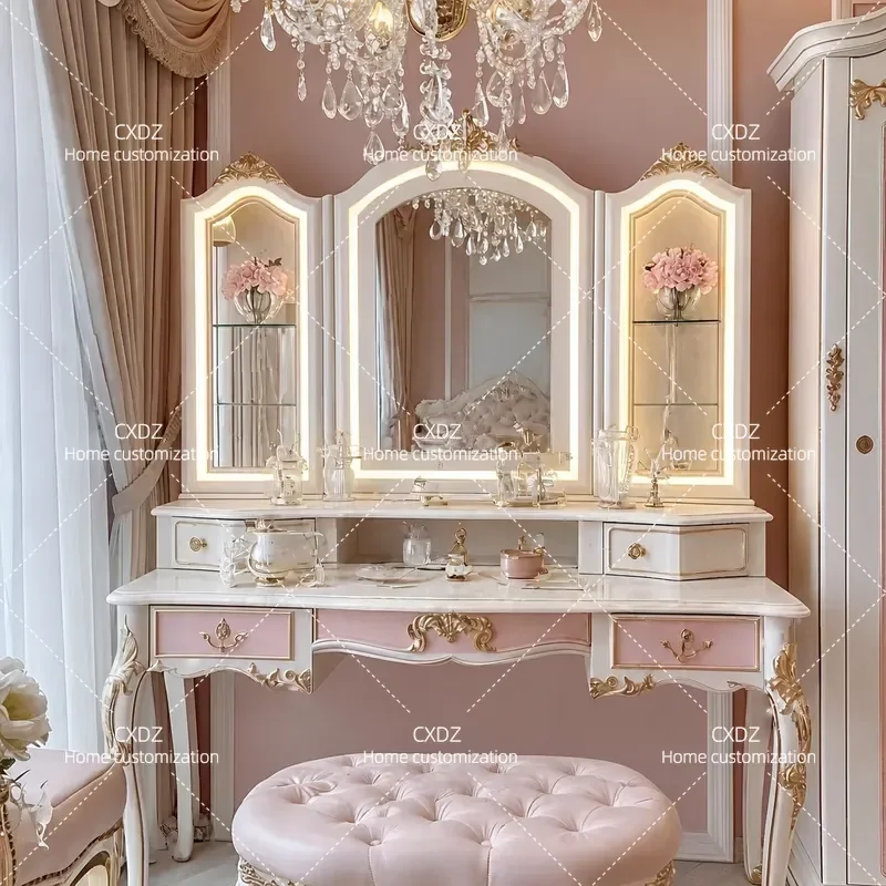 Retro Carved Solid Wood Dresser with Mirror Country Style Makeup Table Bedroom Furniture Export Quality