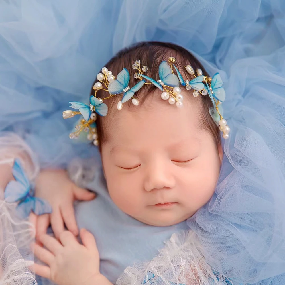 Newborn Butterfly Headband for Photography Props Handmade Baby Girl Headwrap Pearl Baby Tieback Studio Photo Hair Accessories