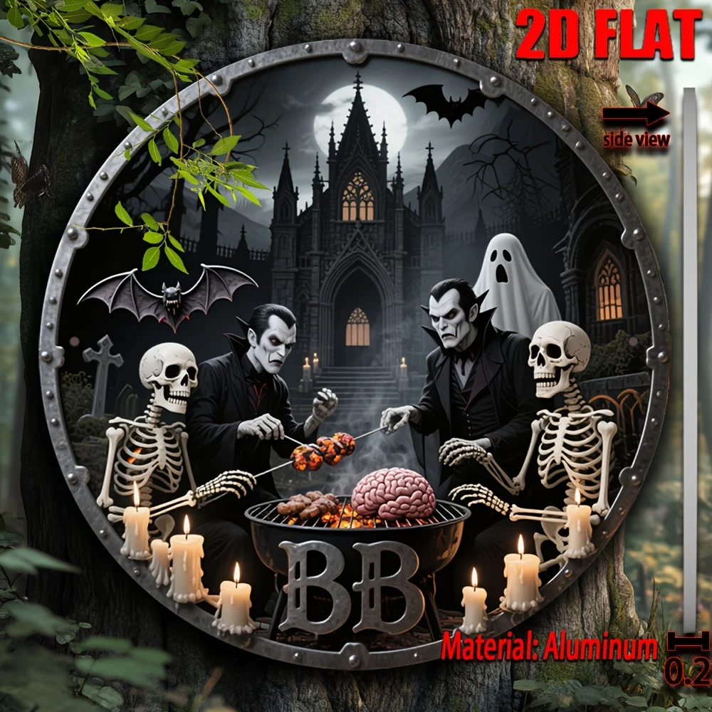 طباعة مسطحة ثنائية الأبعاد، قطعة واحدة من لافتة فنية جدارية معدنية بطابع مصاصي الدماء - لوحة زخرفية مستديرة من الألومنيوم مقاس 7.87 بوصة مع فنية قوطية، Skel #4