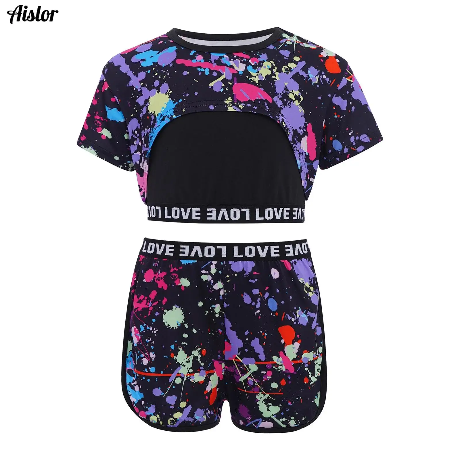

3Pcs Kids Girls Sports Outfit Summer Swimming Beachwear Short Sleeve Graffiti Printed Asymmetrical Hem Crop Top+Camisole+Shorts