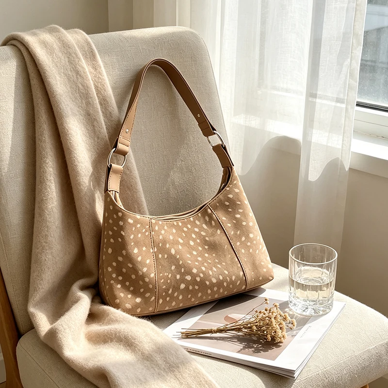Deer Spots Schultertasche aus Kunstwildleder, Vintage-Handtasche für Damen, ideal für den Alltag im Herbst und Winter, große Kapazität, weich, lässig, mit Reißverschluss. – Detail 10