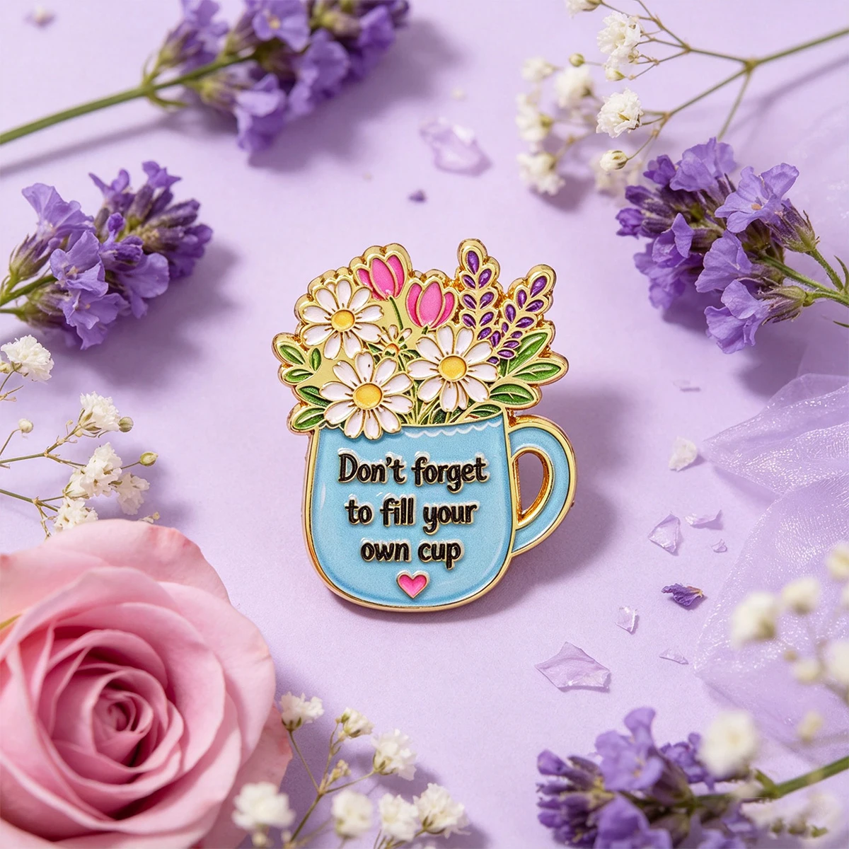 9 Stück Blumen-Tassen-Emaille-Anstecknadeln „Vergiss nicht, deine eigene Tasse zu füllen“ Zitate Reversnadel Blumen-Tassen-Abzeichen Rucksack Kleidung Dekoration Geschenk – Detail 3