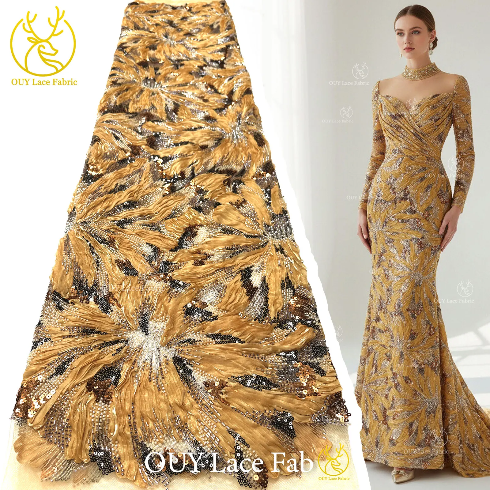 

2026 Newest African Sequin Lace Fabric High Quality 3D French Nigerian Mesh Beaded Lace Fabric for Wedding Dress Sewing 5 Yards