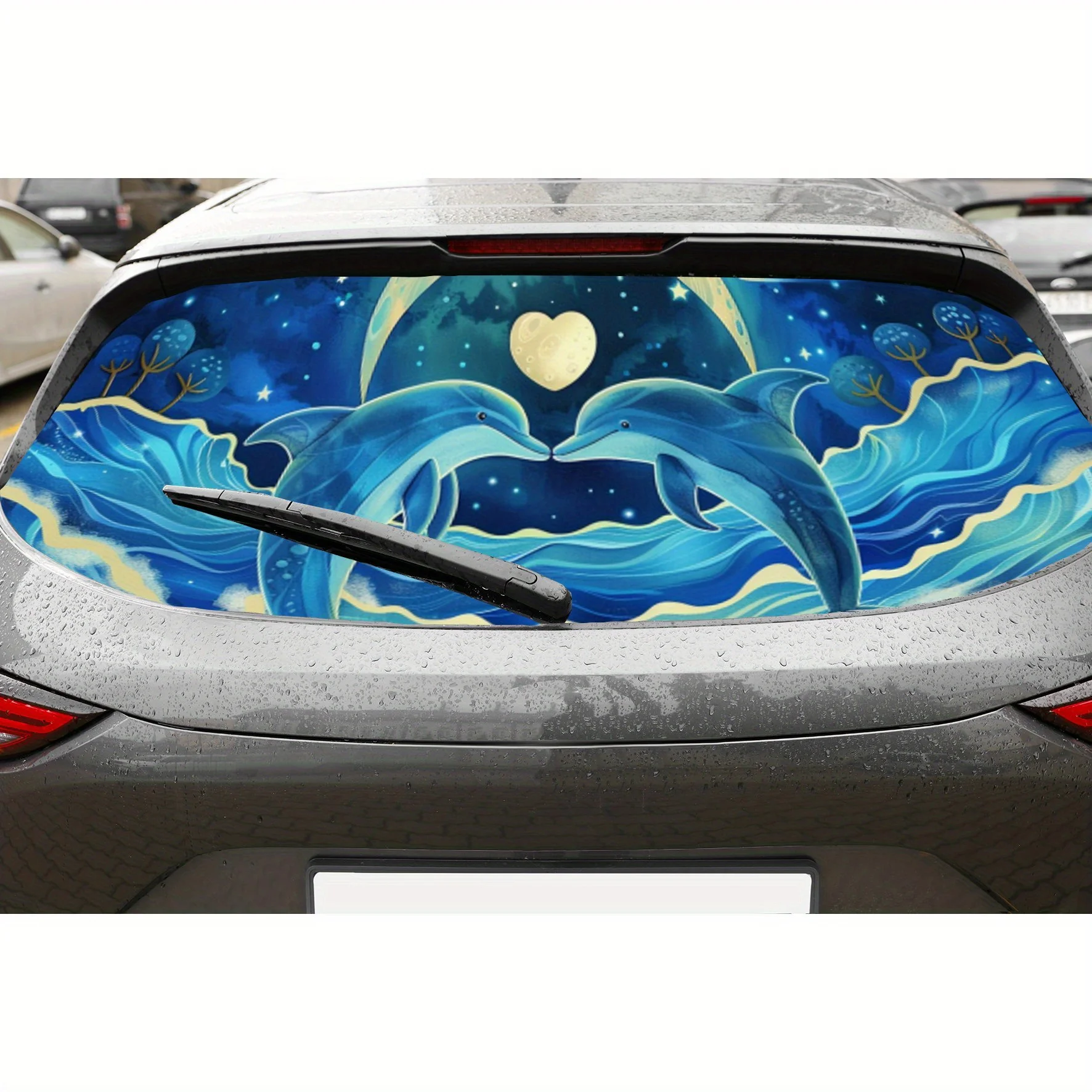 

Blue Starry Sky Dolphin Love Waves PVC Perforated Car Vinyl Wraps, Privacy Enhancing Design for Rear Window, Car Rear Windshield