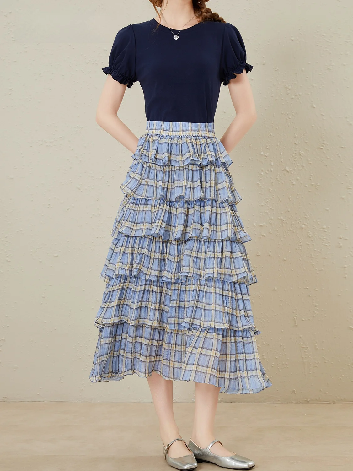 

Оригинальный дизайн, синяя юбка в клетку, универсальная летняя модная юбка с высокой талией, цветочный принт, цвета смолы