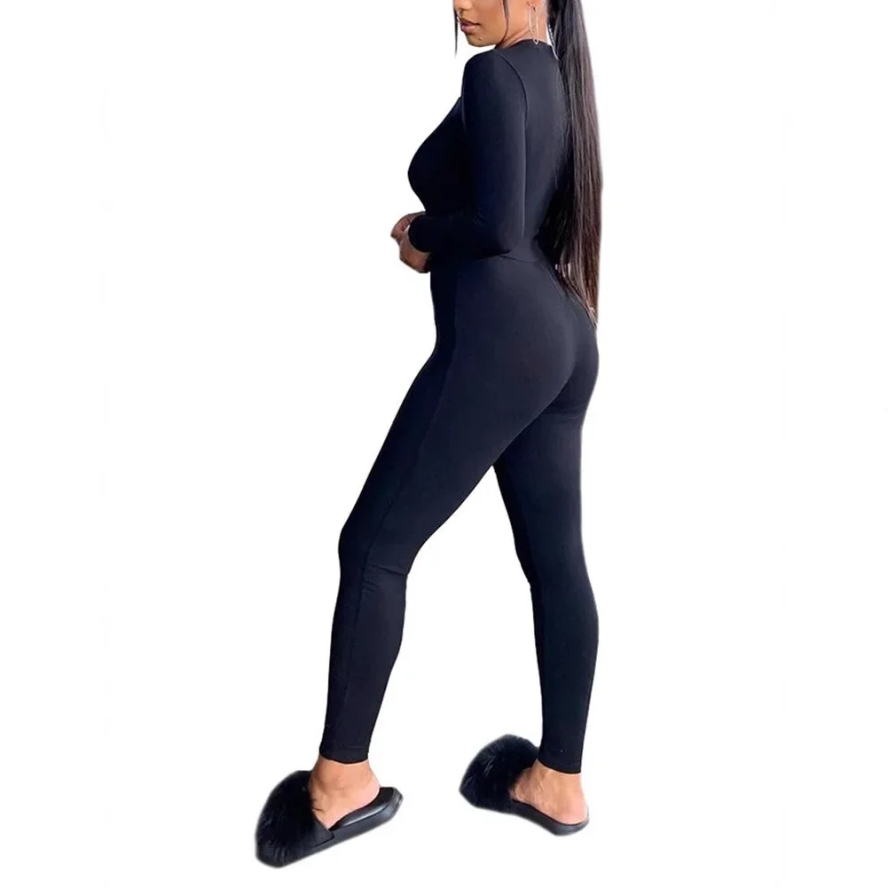 E Baby Women's Pure Color Sexy V-neck Long Sleeve Onesie Tight Fitting Home Clothes Thin Fabric Ladies Jumpsuit Home Wear