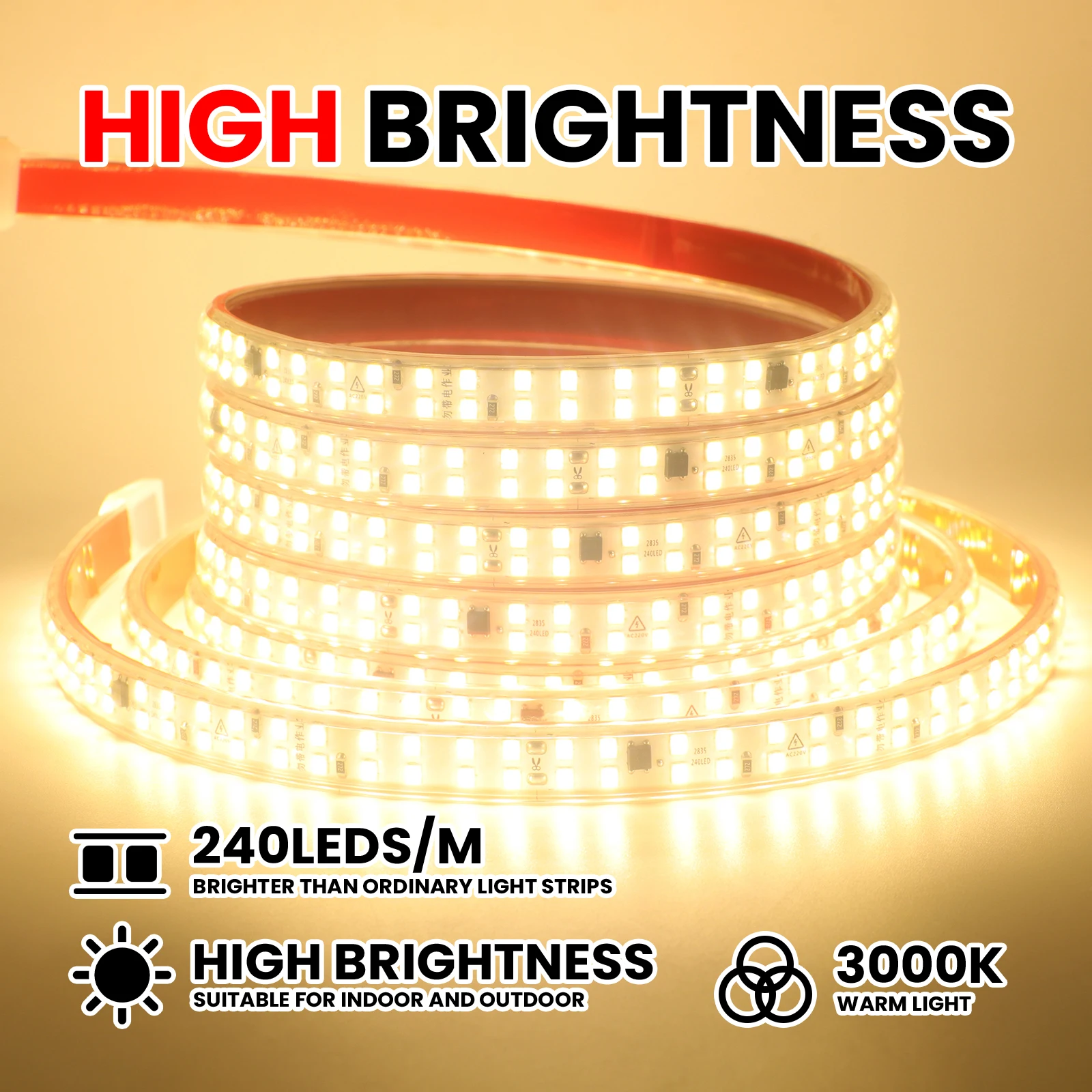 Double Row AC220V 2835 LED Strip 240LEDs Led Lamp Tape With IC Power 2Pin/EU Plug/Switch Control IP65 Waterproof Home Decoration