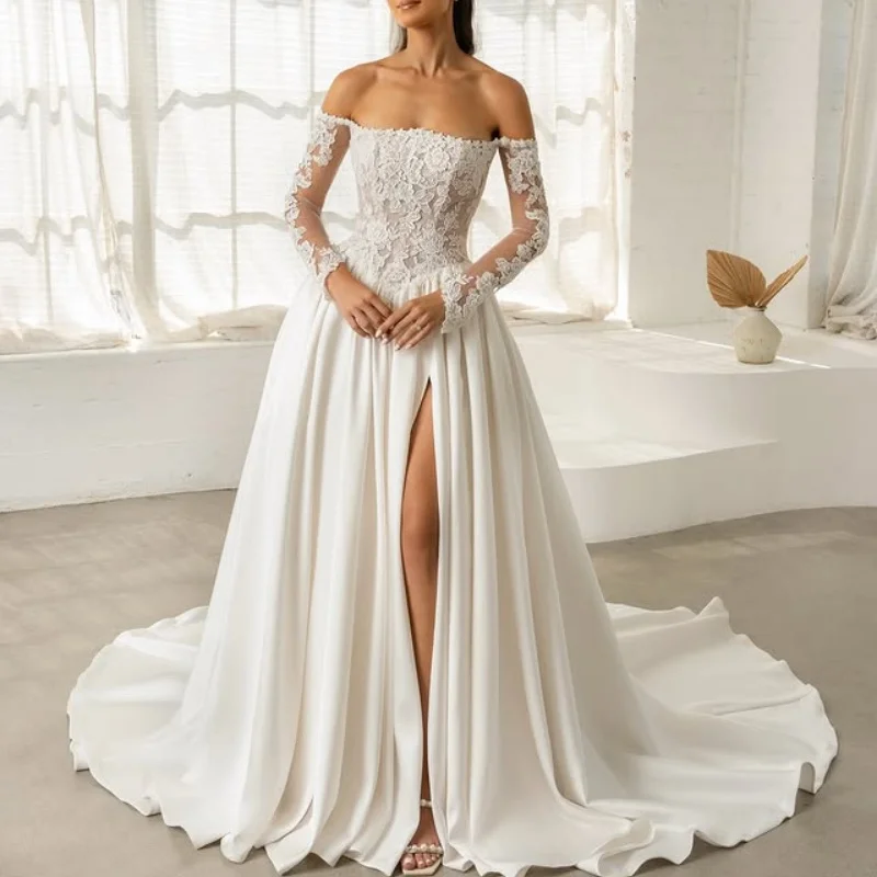 

Ivory White Wedding Dresses off-shoulder A Skirt flower decal long sleeves vent Long tail Bridal Gowns Made Customized