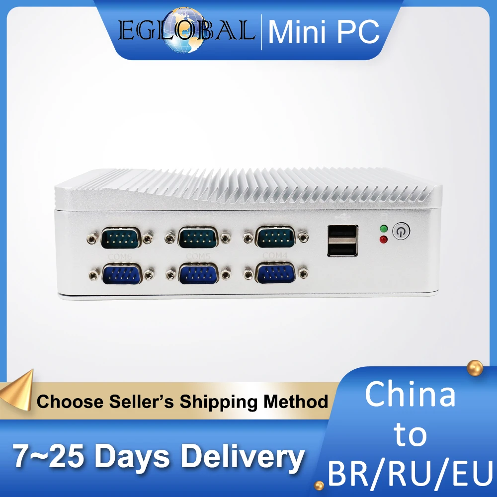 Eglobal Industrial Fanless Mini PC J4125 Qaud Core Windows Pfsense Router 2*Intel LAN 6*COM VGA+HDMI Watchdog 3G/4G 300M WiFi