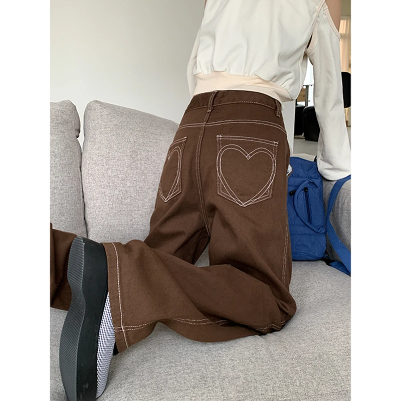 Brown Women\'s Jeans High Waist Vintage Straight Baggy Denim Pants Streetwear Heart Pattern Design Fashion Wide Leg Denim Trouser