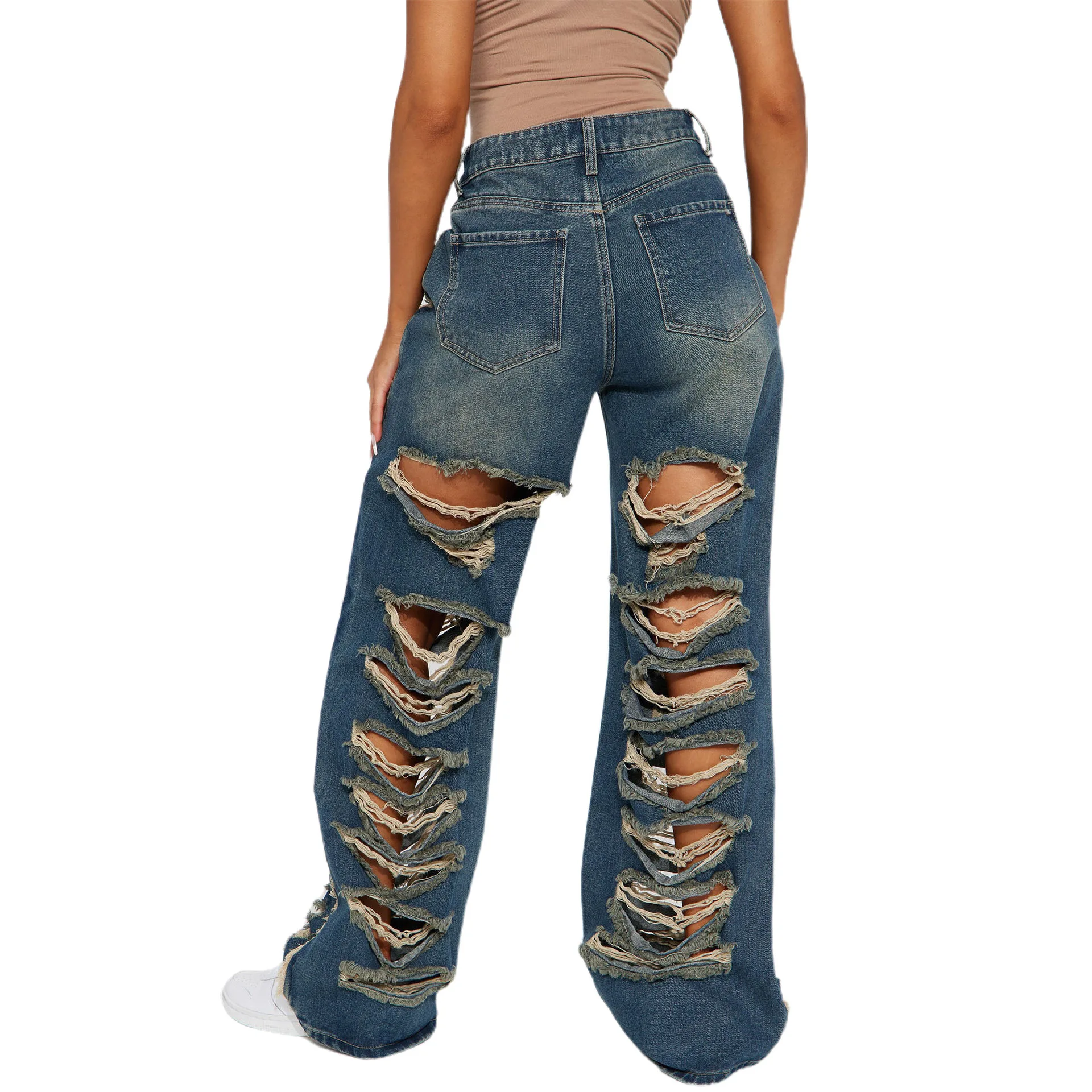 Sexy High Waist Ripped Burrs Jeans Flare Pants Women For Party Club Pants Bell Bottoms With Pockets Hole Skinny Denim Trousers