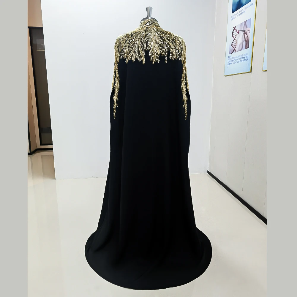 Saudi Arabia Elegant Luxurious Black High Necked Evening Dress with Gold Embroidery Female Floor Length Party Prom Gowns