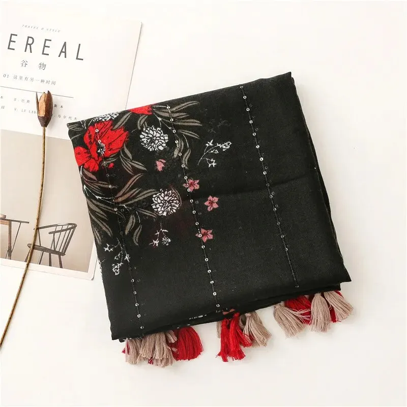 Black Tassel Shawl Printed Floral Viscose Cotton Scarf For Women Summer Muslim Hijab Lightweight Sun Protection Cape 180*90cm