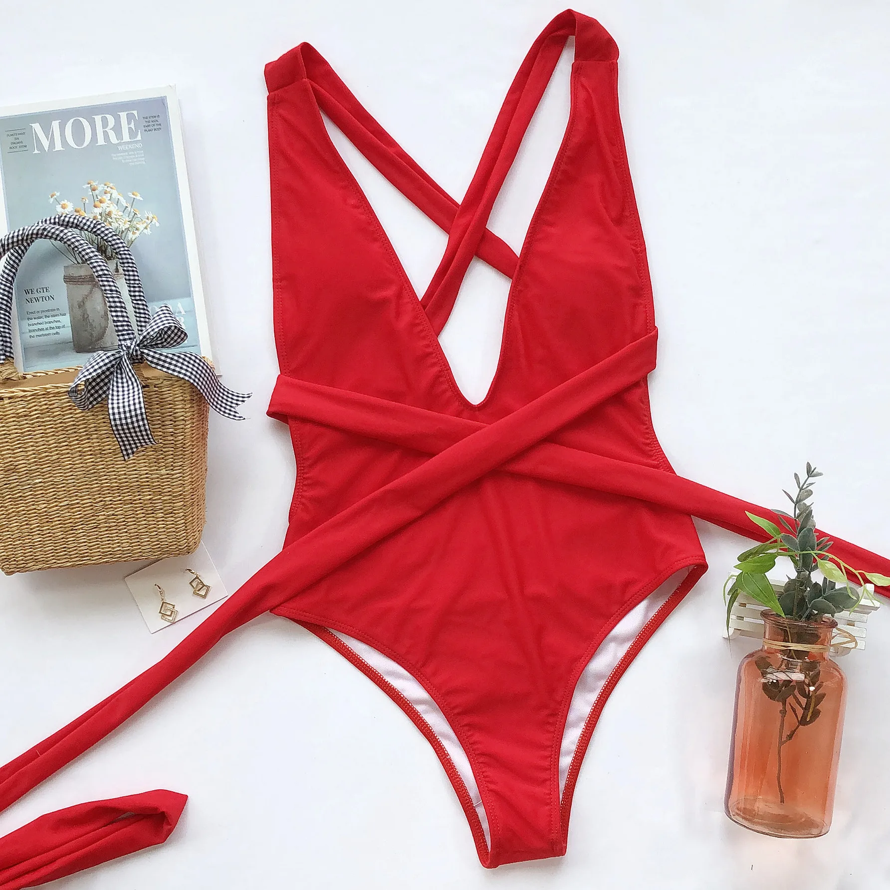 One Piece Swimsuit Women Sexy Solid Red Push Ups Lace Up  Bodysuit Bandage Deep V Neck Backless Bathing Suit Swimwear