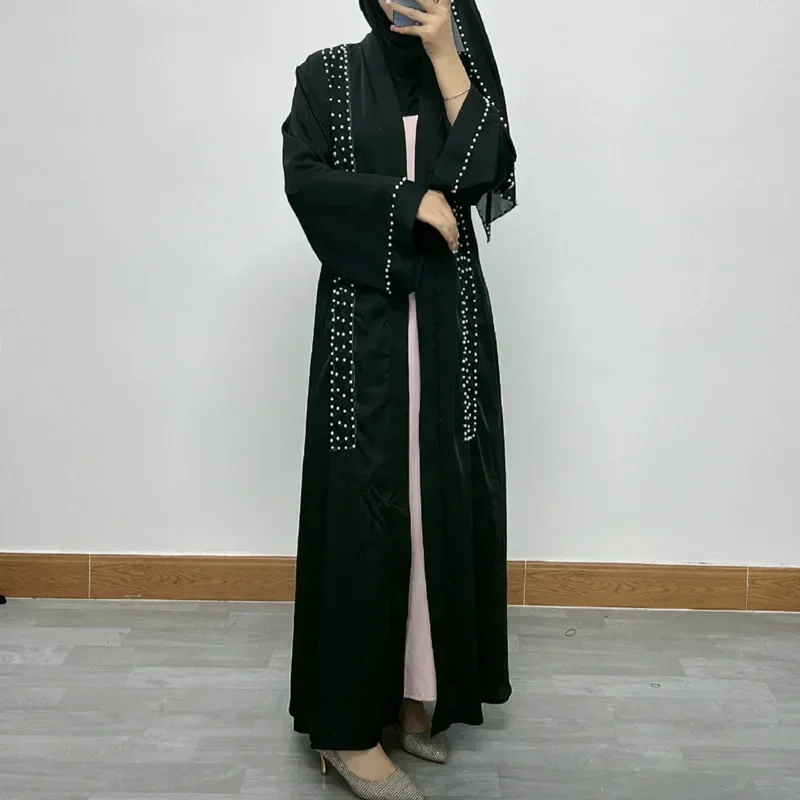 Women Eid Muslim Open Abaya Long Sleeve Dubai Cardigan Diamonds Abayas Kaftan Vestidos Arab Modest Belt Long Robe Pearls Loose