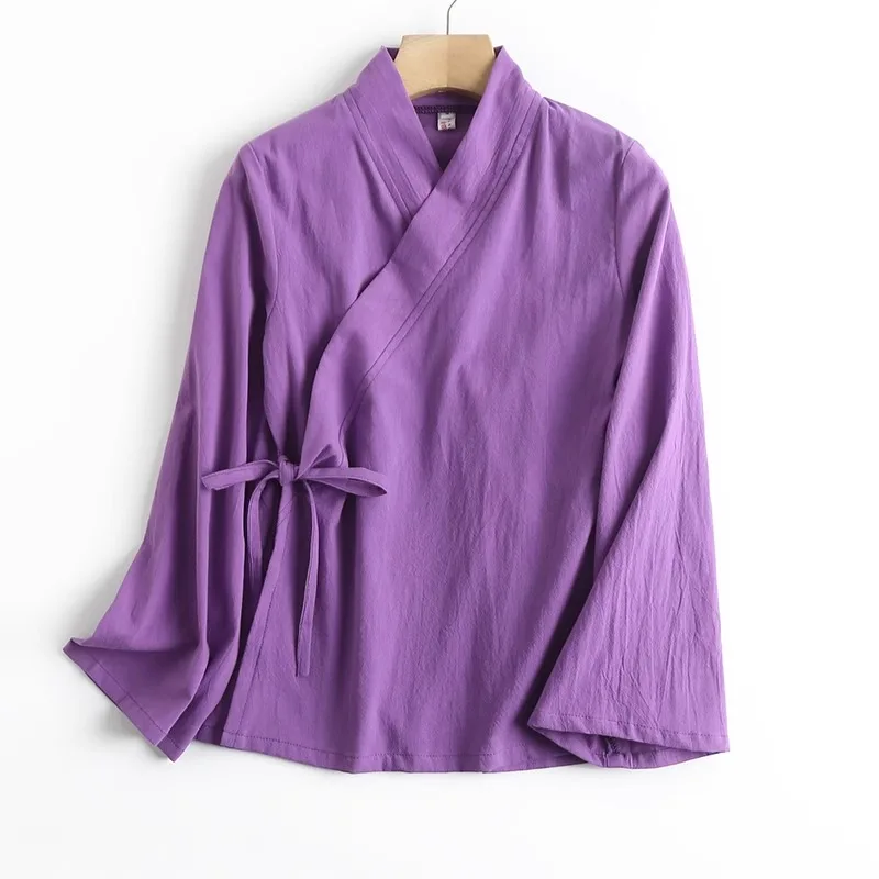 新中式改良純綿麻長袖唐装婦人服襟付きベルト付き漢服茶会衣装春夏日常着