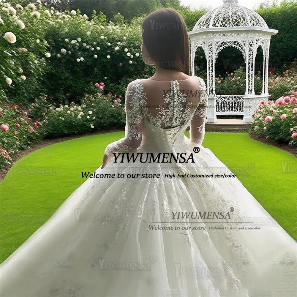 Aso Ebi Koronkowe Aplikacje Suknie Ślubne Balowe z Koralikami dla Panny Młodej Długie Rękawy Dekolt O Suknie Ślubne Odzież Damska