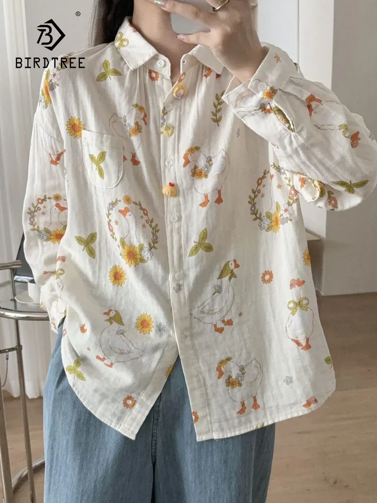 

Новая женская хлопковая рубашка с длинным рукавом Весна 2026, с отложным воротником и принтом, в стиле Mori Girl Japan Preppy, милая свободная блузка T62918CC