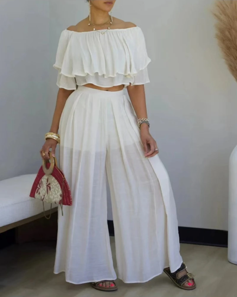 

Elegant Women Two Pieces Solid Outfit Set Off The Shoulder Half Sleeve Ruffles Crop Top and Casual Wide Leg Pants Set Summer