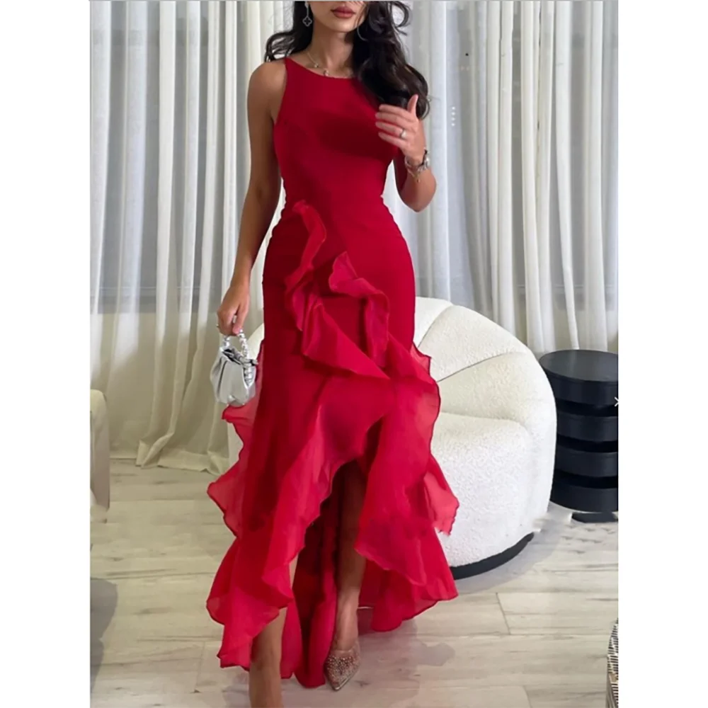 

Customized Ladies Scoop Sleeveless High Low Evening Dress Red Ruffles Jersey Special Occasion Gowns Sexy Open Back 2025