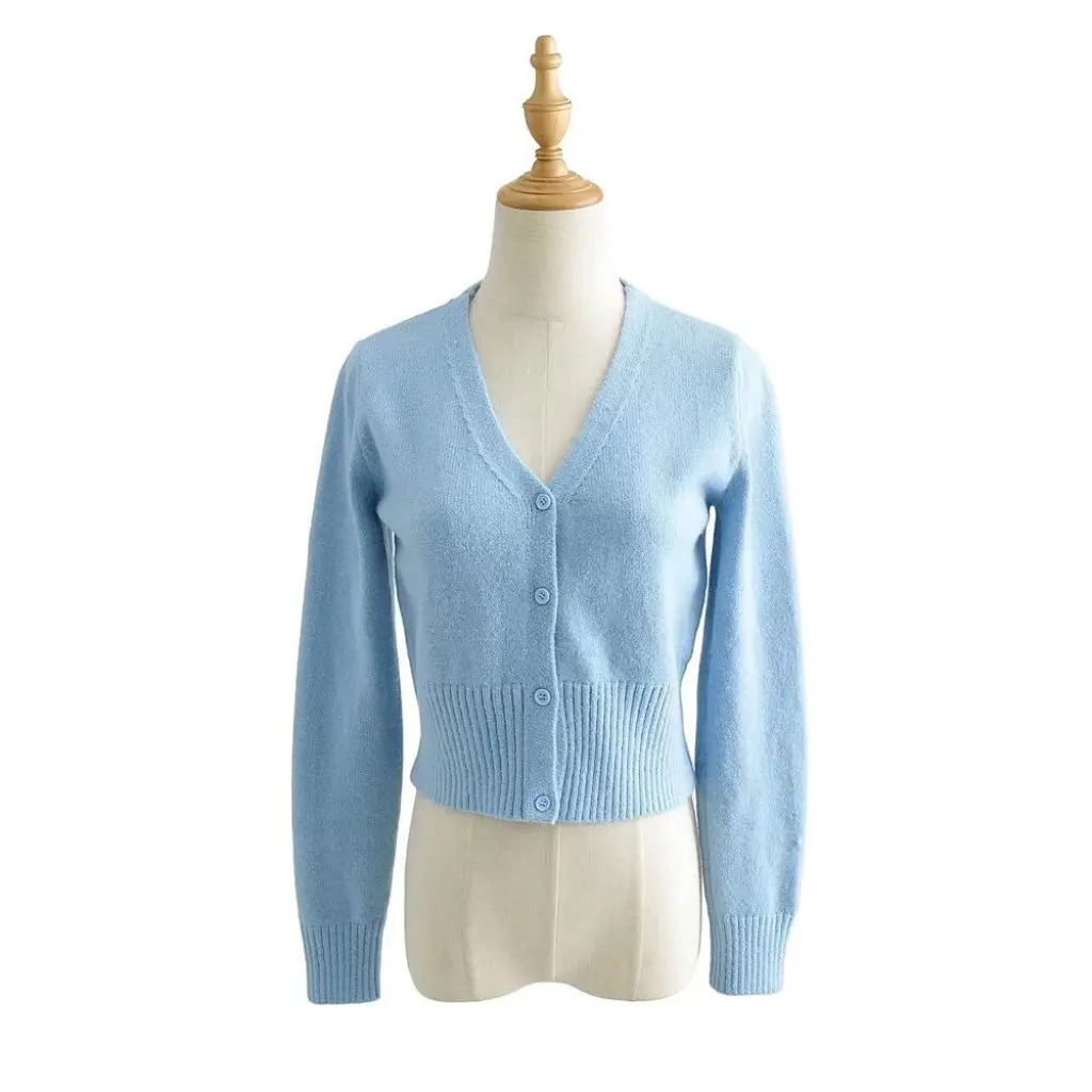 

YPFF Women's V-neck Knitted Cardigan Long Sleeve Short Sweater Coat European American Style Autumn Winter Trendy Top for Ladies