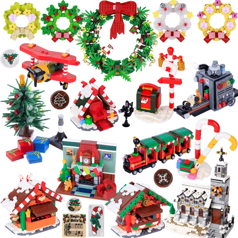 MOC Bouwstenen Kerst Cottage Accessoires Gift Kerk Model Rendier Garland Haard snoep Vliegtuig Mini Baksteen Speelgoed X007