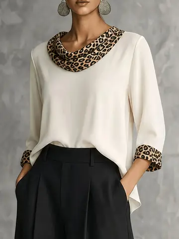 Women's Satin Blouse Leopard Contrast Cowl Neck 3/4 Sleeve Elegant Work Top