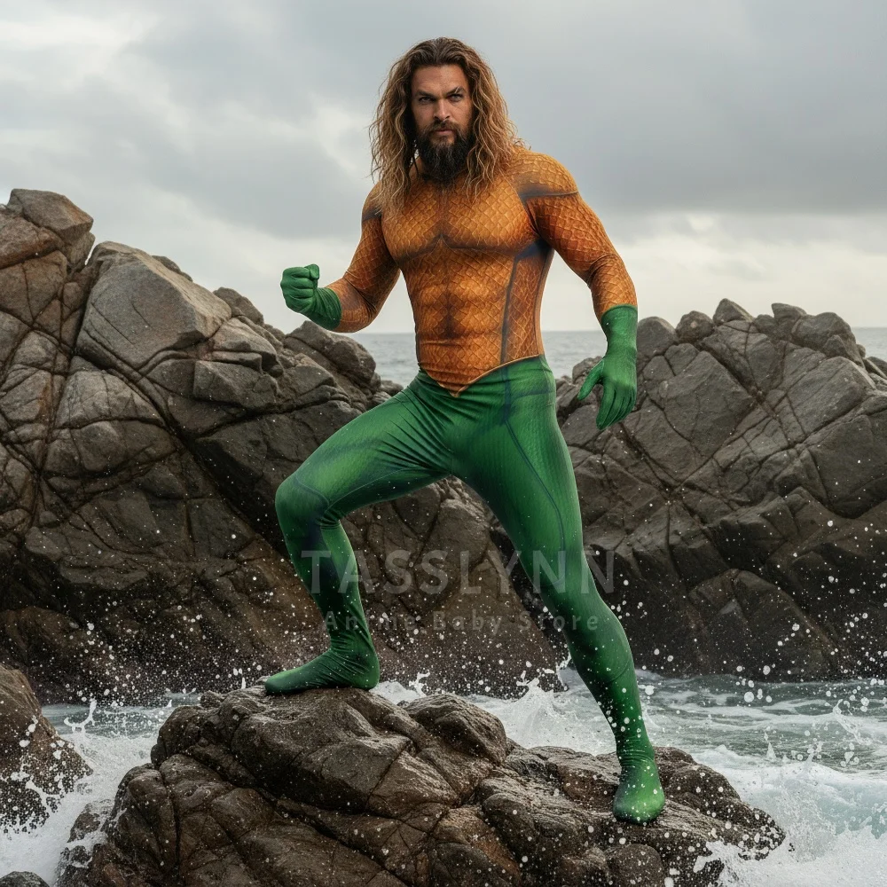 Arthur Curry Cosplay Zentai Bodysuit, Scale Muscle Print Jumpsuit  Foot Covers, Men Superhero Costume for Halloween Comic Con