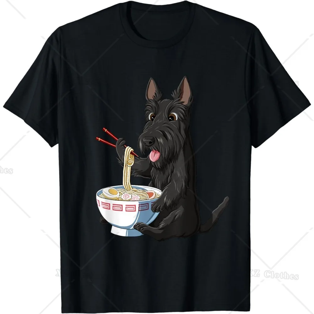 Funny Japanese Kawaii Ramen Scottie Dog Scottish Terrier Eat Noodles Round Neck T-Shirt for Women Men