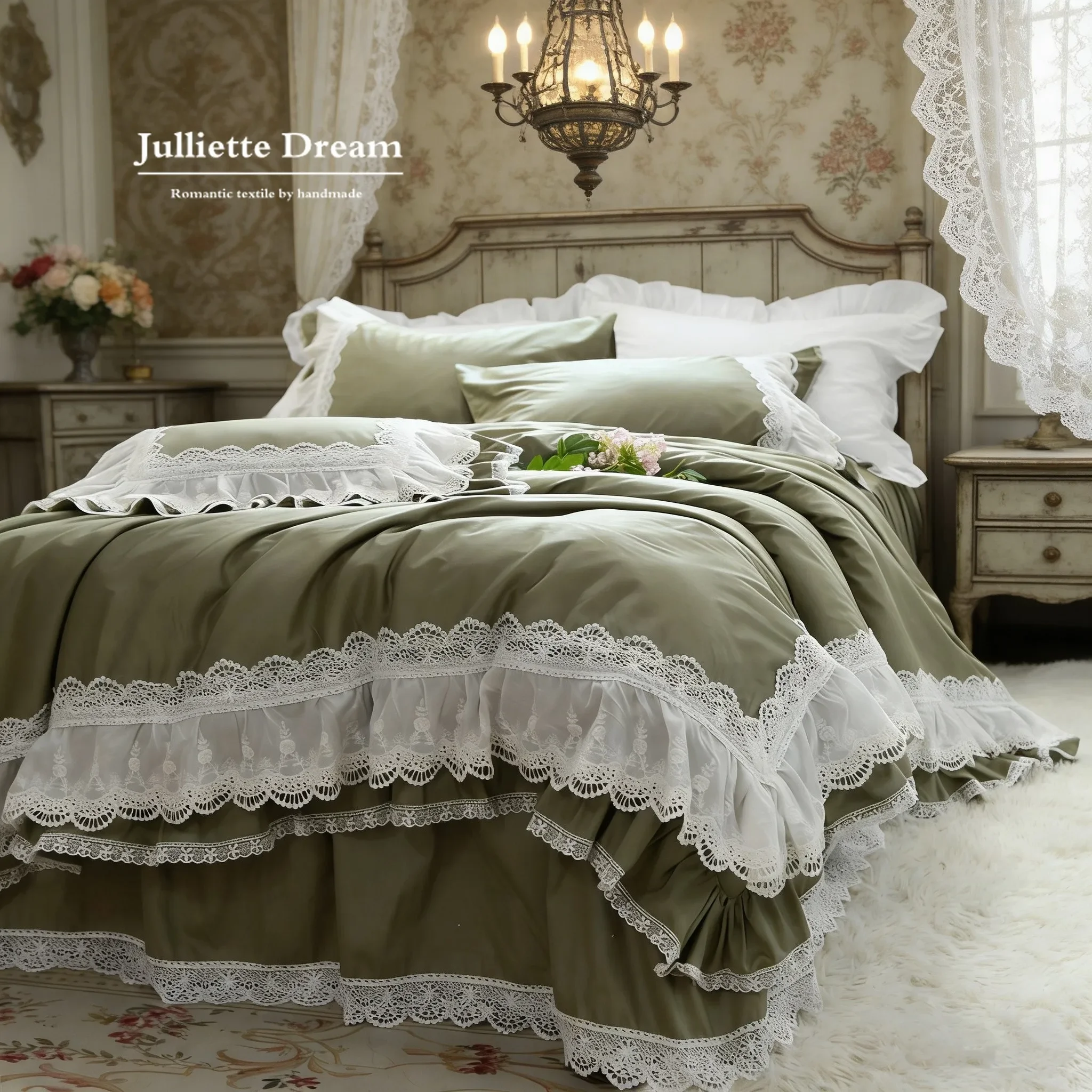 Romantic Princess Bedding Set Heavy Embroidery Lace Design Duvet Cover Cotton Bed Skirt Luxury Handmade Aesthetic Home Decor