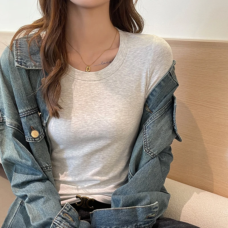 Solid Color Simple Versatile Long Sleeve Women's Autumn Winter Round Neck Bottom Shirt Tops Slim Soft Slim