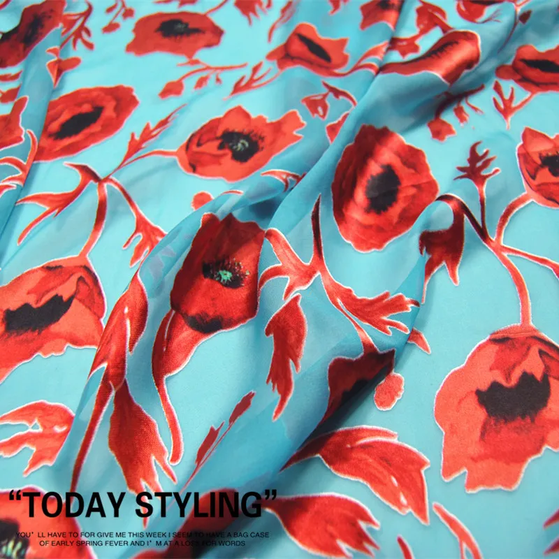 

3mX140CM Silk Burnout Fabric Blue Red Floral | Ideal for Silk Garments, Dresses, Craft Projects