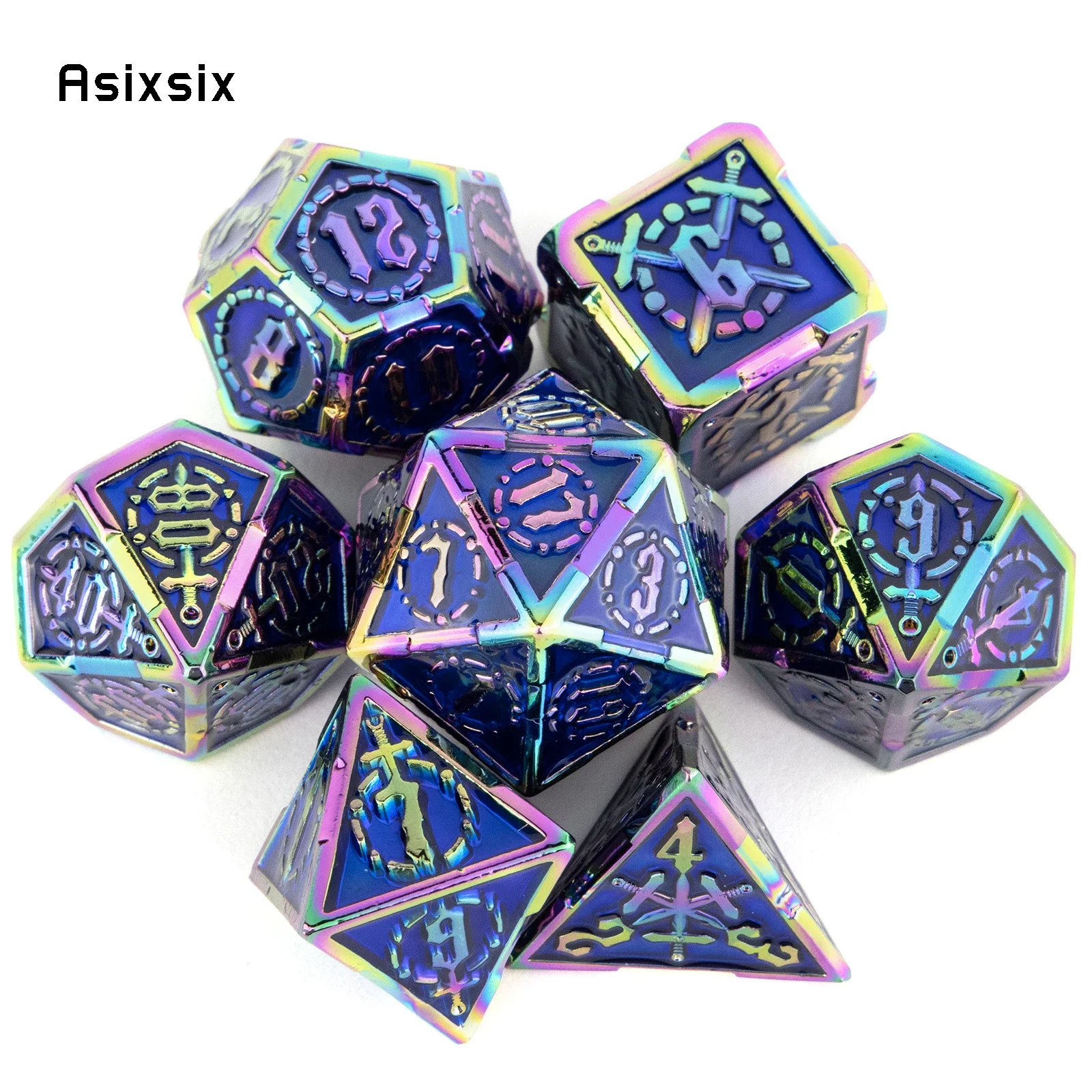

7 Pcs Blue Red Double Swords Metal Dice Solid Polyhedral Dice Set Suitable for Role-Playing RPG Board Game