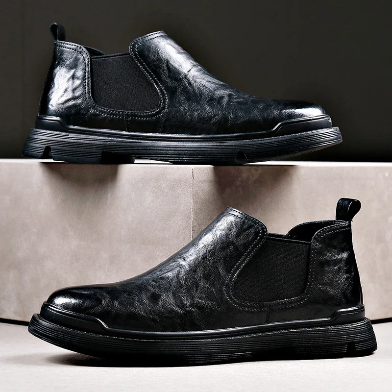 

Новая осенняя мужская обувь, повседневная обувь из натуральной кожи, модельные туфли в британском стиле, зимние крутые теплые плюшевые ботинки челси