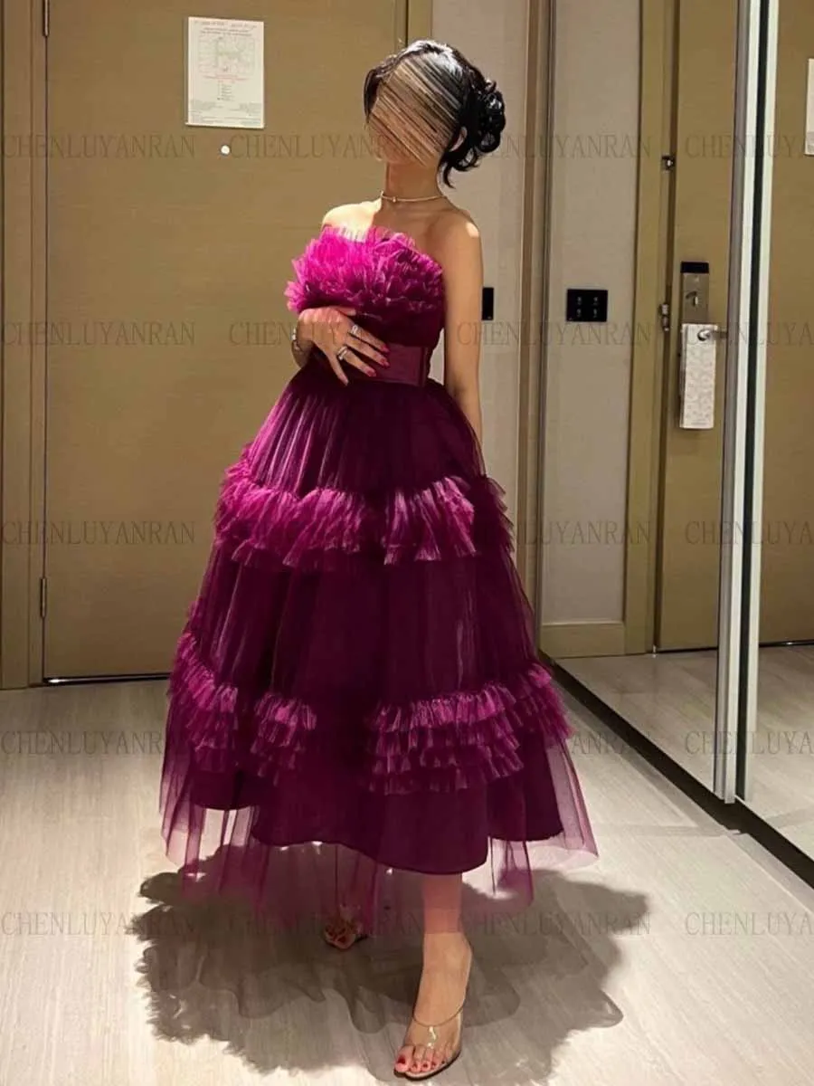 Purple Sexy Formal Occasion Dresses Strapless Pleat Tulle Prom Gowns Puffy A-Line Zipper Evening Party Dress فساتين حفلات