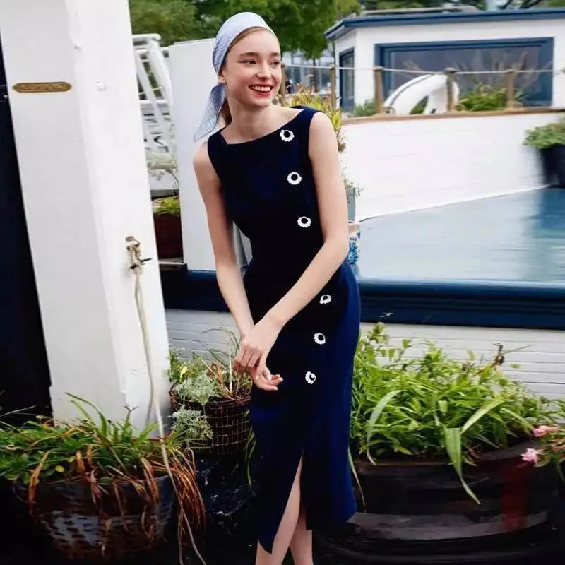 قلم رصاص عالي الجودة للربيع والصيف للنساء، فستان كاجوال مثير للحفلات في مكان العمل، أنيق وأنيق باللون الأزرق الداكن