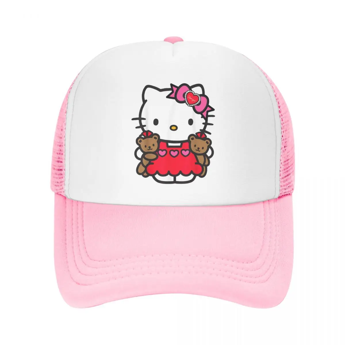 Unisex Hello Kitty Valentine Teddy Bear Trucker Hat Fashion Mesh Baseball Cap Snapback Cap Hat Trucker Hat Breathable Racing Cap