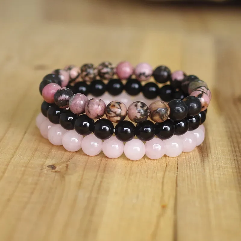 3pcs/set 8mm Natural Stone Bracelet Men Women Rhodonite Rose Quartzs Black Onyx Beaded Stackable Wrist Charm Bracelets