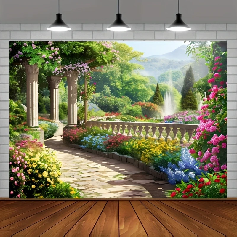 Romantischer Frühlings-Geheimgarten-Fotografie-Hintergrund, bunte Blumen, grüne Pflanzen, Outdoor, Natur, Studio-Requisiten