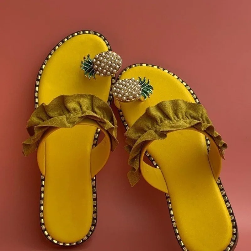 

2024 Women's Slippers Pineapple Pearl Flat Toed Pineapple Summer Beach Sandals Women's Shoes Plus Size MujerVerano